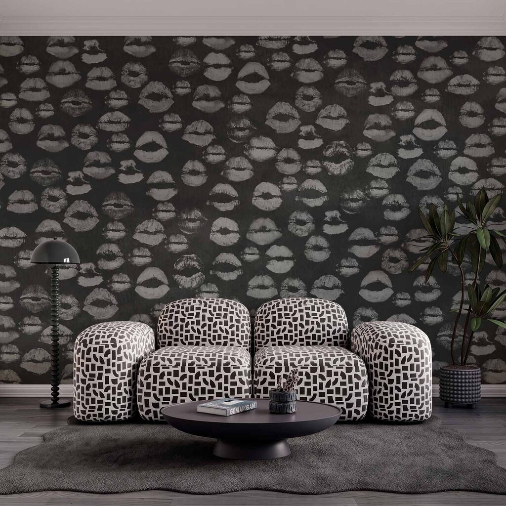 Wall mural Black and white background with lipstick prints (SKU: t01086) Wall mural Black and white background with lipstick prints (SKU: t01086)