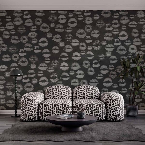 Wall mural Black and white background with lipstick prints (SKU: t01086) Wall mural Black and white background with lipstick prints (SKU: t01086)