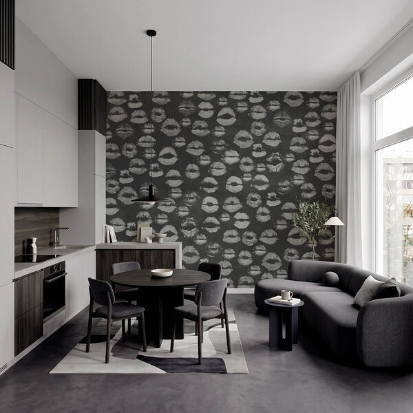 Wall mural Black and white background with lipstick prints (SKU: t01086) Wall mural Black and white background with lipstick prints (SKU: t01086)