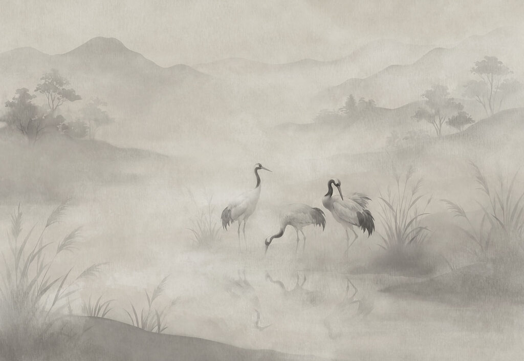 Wall mural Group of birds in a foggy landscape (SKU: t01089)