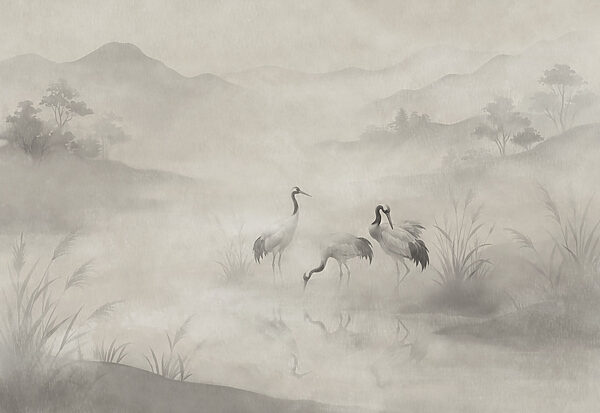 Wall mural Group of birds in a foggy landscape (SKU: t01089)