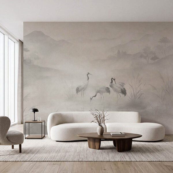 Wall mural Group of birds in a foggy landscape (SKU: t01089)