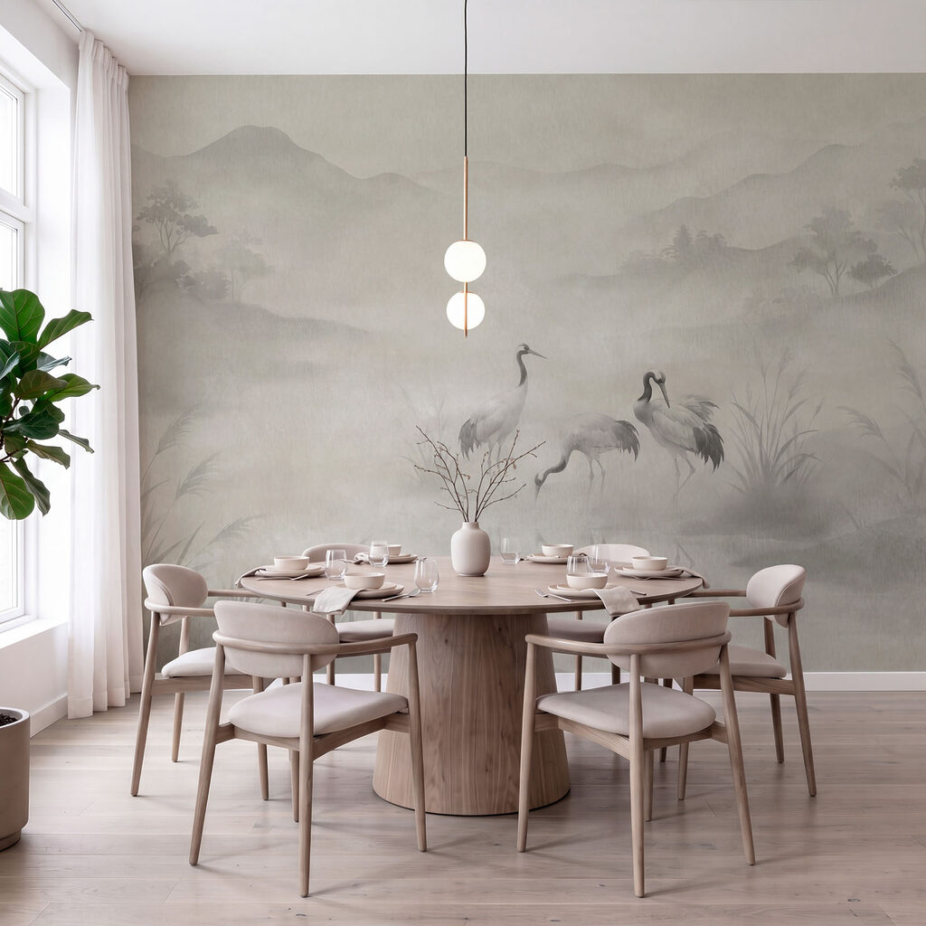 Wall mural Group of birds in a foggy landscape (SKU: t01089)