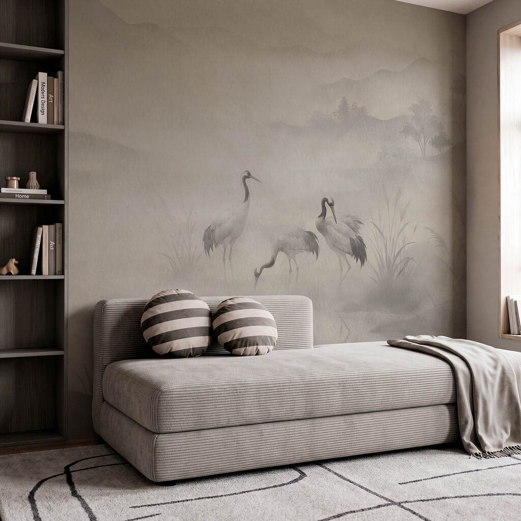 Wall mural Group of birds in a foggy landscape (SKU: t01089)
