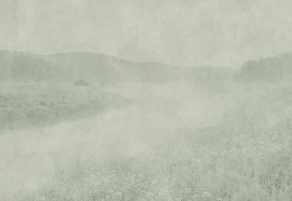 Wall mural Foggy landscape with a river and hills (SKU: t01091)