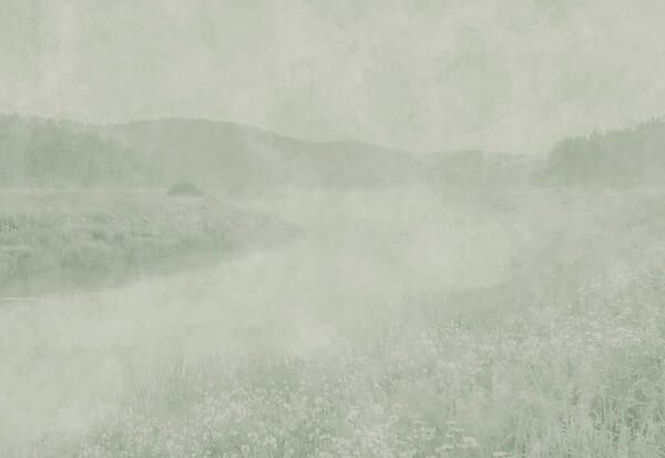 Wall mural Foggy landscape with a river and hills (SKU: t01091)