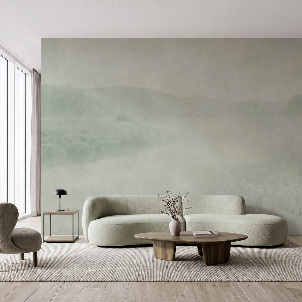 Wall mural Foggy landscape with a river and hills (SKU: t01091)