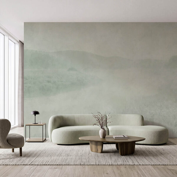 Wall mural Foggy landscape with a river and hills (SKU: t01091)