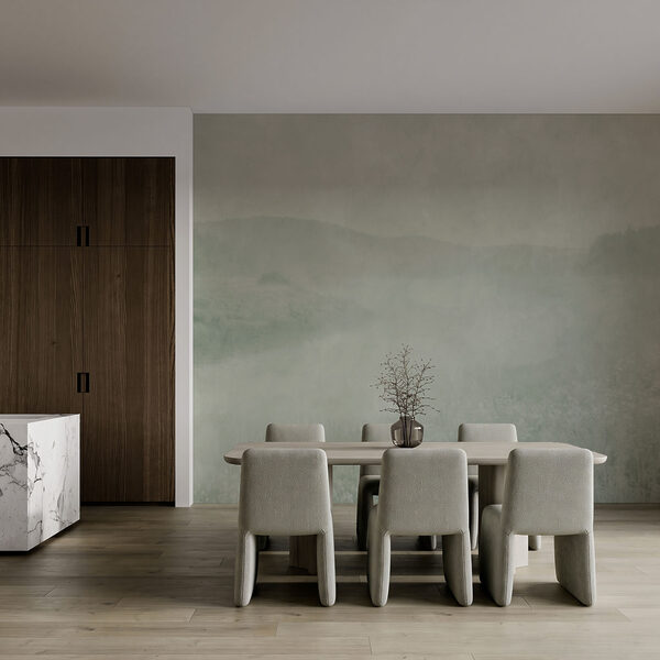 Wall mural Foggy landscape with a river and hills (SKU: t01091)