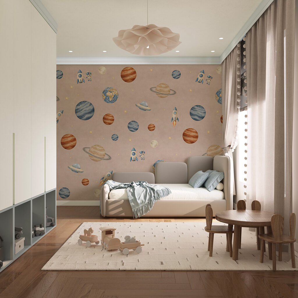 Wall mural Pattern of planets and rockets (SKU: t01128v2) Wall mural Pattern of planets and rockets (SKU: t01128v2)