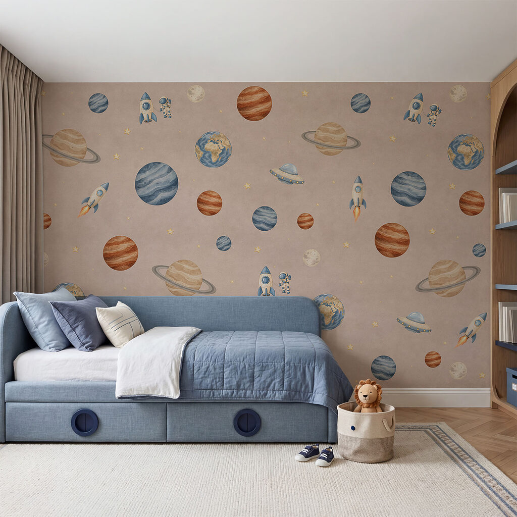 Wall mural Pattern of planets and rockets (SKU: t01128v2) Wall mural Pattern of planets and rockets (SKU: t01128v2)