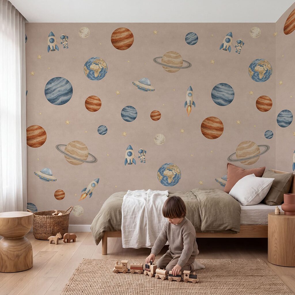 Wall mural Pattern of planets and rockets (SKU: t01128v2) Wall mural Pattern of planets and rockets (SKU: t01128v2)