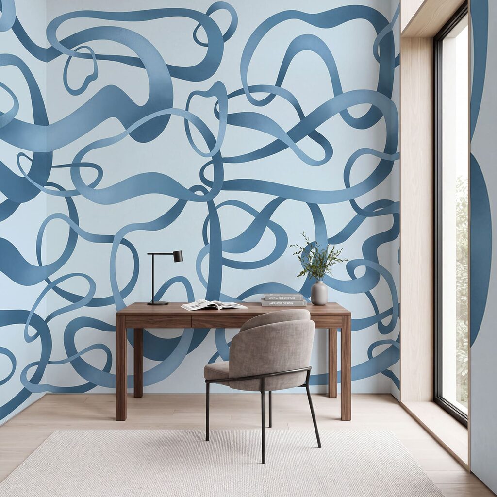 Wall mural Blue swirly lines on a white background (SKU: t01168v1) Wall mural Blue swirly lines on a white background (SKU: t01168v1)