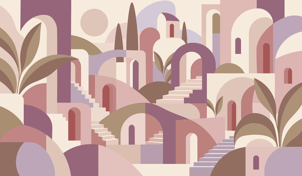 Wall mural Colorful landscape with stairs and trees (SKU: t01143v1) Wall mural Colorful landscape with stairs and trees (SKU: t01143v1)