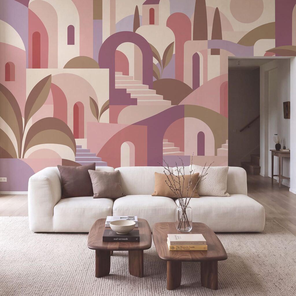 Wall mural Colorful landscape with stairs and trees (SKU: t01143v1) Wall mural Colorful landscape with stairs and trees (SKU: t01143v1)