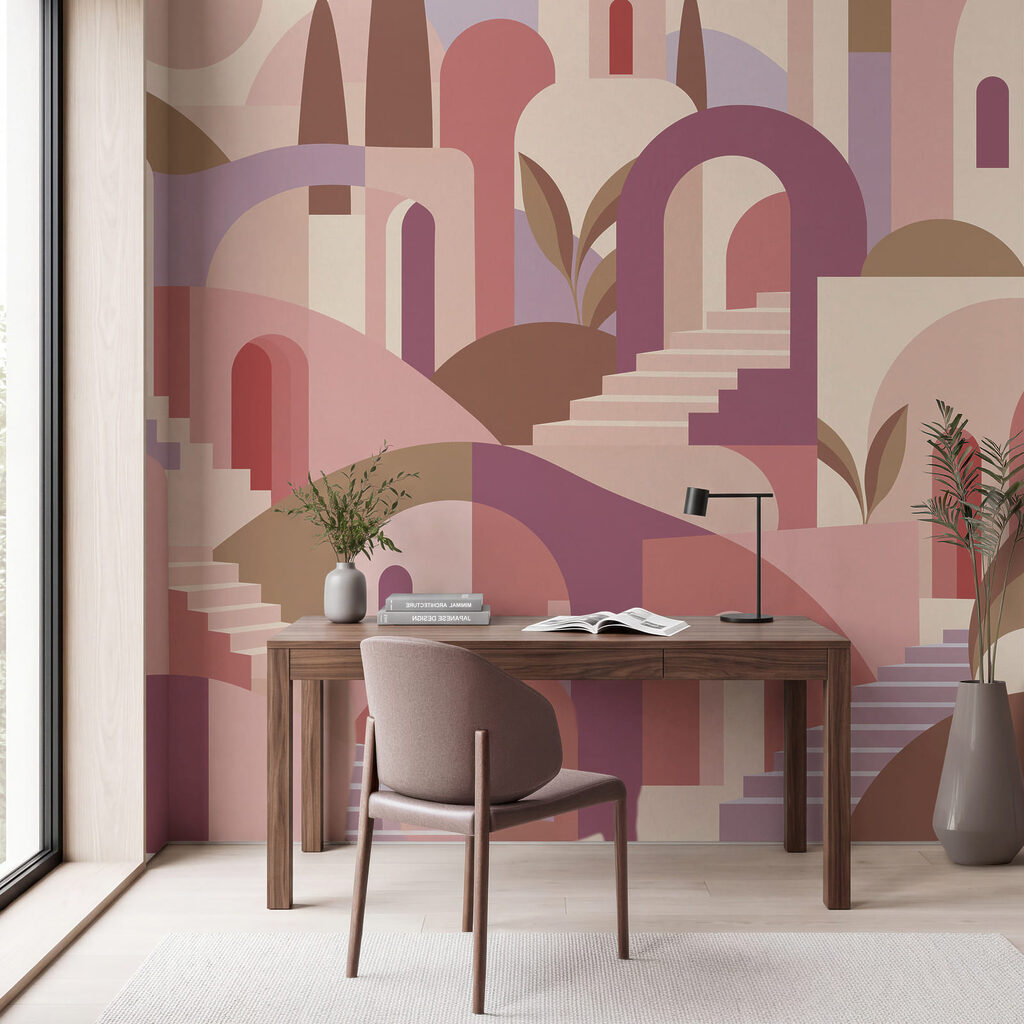 Wall mural Colorful landscape with stairs and trees (SKU: t01143v1) Wall mural Colorful landscape with stairs and trees (SKU: t01143v1)
